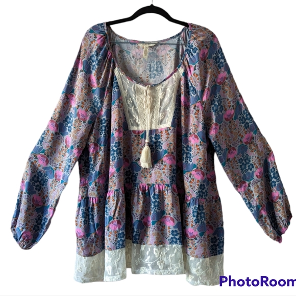 Matilda Jane Size Large Floral Embroidered Babydoll Blouse Tassel Scoop Neck - Picture 13 of 13
